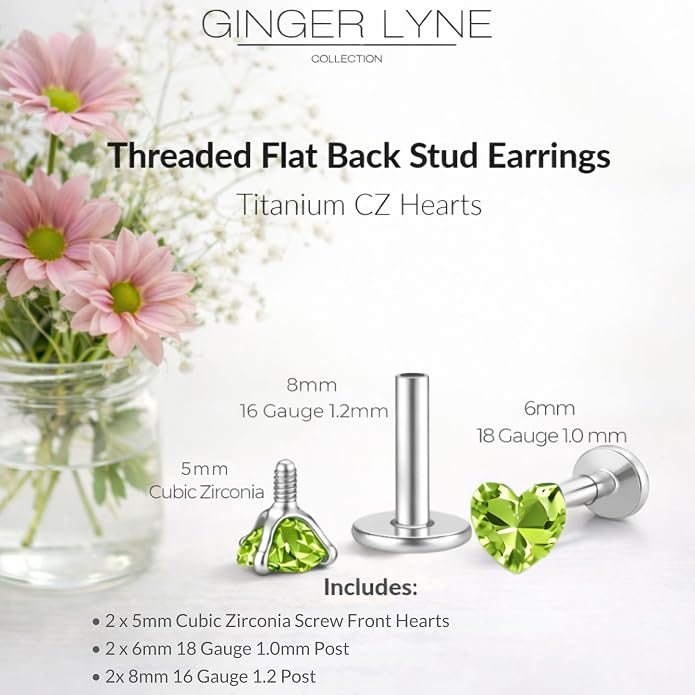 Titanium Heart CZ Labret Stud Earrings for Piercings by Ginger Lyne 6Pc Set G23 Screw Front Flat Back Body Jewelry 2 pair post 6mm, 8mm Cartilage, Helix, Tragus, Lip, Conch, Lobe