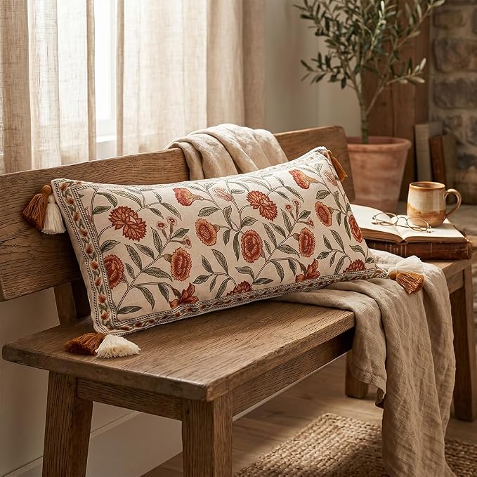 ISAENNE French Linen Rectangle Throw Pillow Cover,Set of 2,28"x12"-Albano A | Designer Vintage Pillow Cover,Concealed Zipper Design,Orange Floral Pattern,Sofa,Bedroom,Living Room,Lounge Chairs