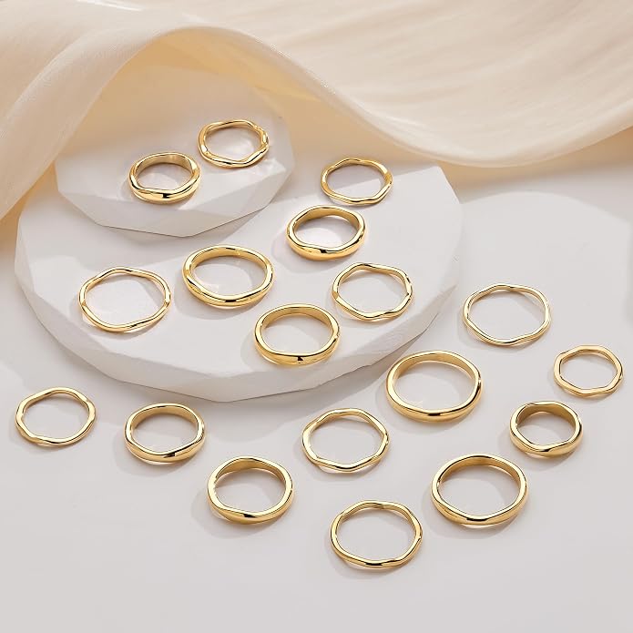 Gold Rings for Women Men Non Tarnish, Waterproof Chunky 14K Gold Plated Dainty Stackable Rings Trendy Statement Pinky Thumb Rings Engagement Eternity Wedding Band Ring Stacking Gold Jewelry Size 3 4 5 6 7 8 9 10 11