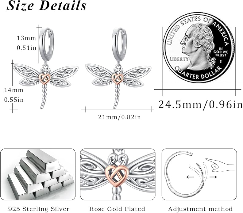 Dragonfly Leverback Hoop Hook Earrings 925 Sterling Silver Celtic Dangle Drop Earrings Dragonfly Huggie Earrings Dragonfly Jewelry Gifts for Women