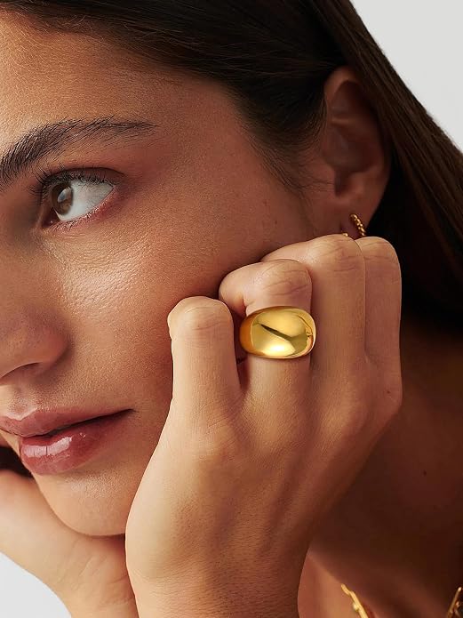 U7 Chunky Gold Dome Rings for Women, Stainless Steel/18KGold Plated/Black Statement Ring Non Tarnish Women Rings, Size 7-12