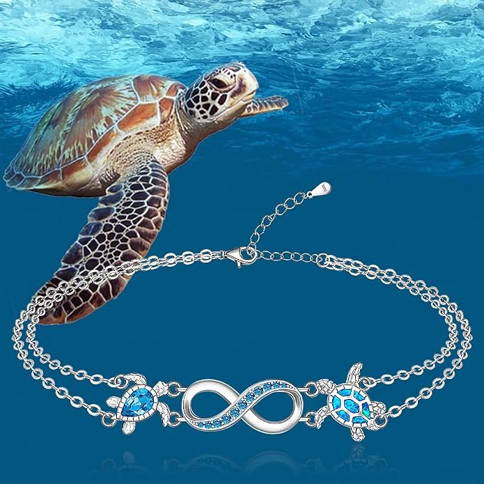 Fenthring Turtle Anklets for Women Turtle Ankle Bracelet Blue Opal Sea Sterling Silver Infinity Wave Ocean Beach Summer Jewelry Mothers Day