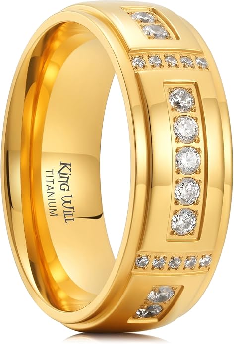 King Will Men's Titanium Wedding Band - 8mm Polished Band with Step Edges and Cross Design Featuring White Zirconia Insets Comfort Fit Size 7-14