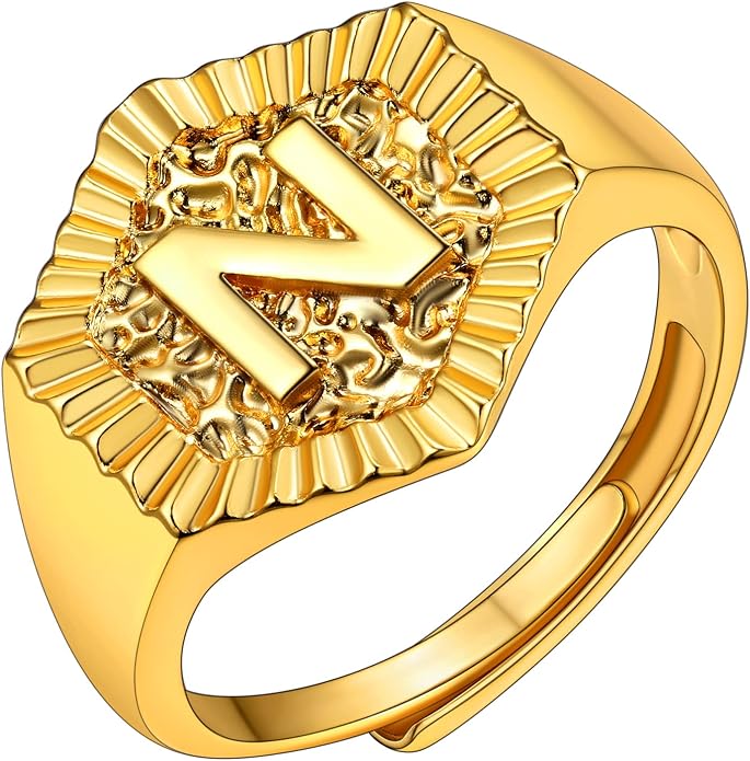 KeyStyle Bold Initial Letter Rings Adjustable, GoldChic Jewelry Women Gold Statement Ring Personalized Engraved Women’s Open Signet Ring for Party (Gold, White Gold, Black)