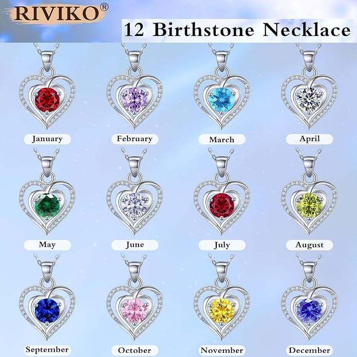 RIVIKO Heart Birthstone Pendant Necklace for Women 925 Sterling Silver Zirconia Necklaces Valentine's Day Anniversary Birthday Mothers Day Jewelry Gifts For Her Mother Wife