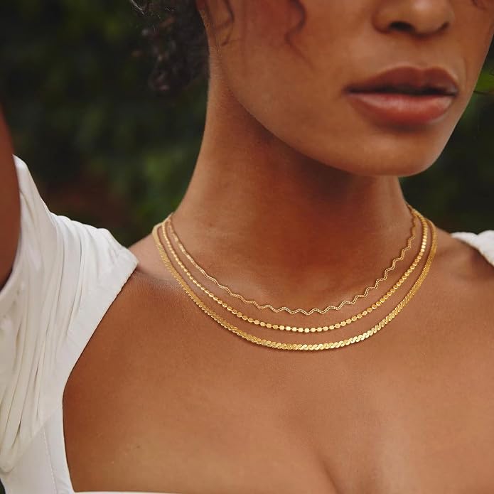Dremmy Studios Dainty Gold Choker Necklace for Women 14K Gold Plated Coin Disc Figaro Layered Beaded Flat Mariner Sideways Cross Wishbone Link Clavicle Necklaces