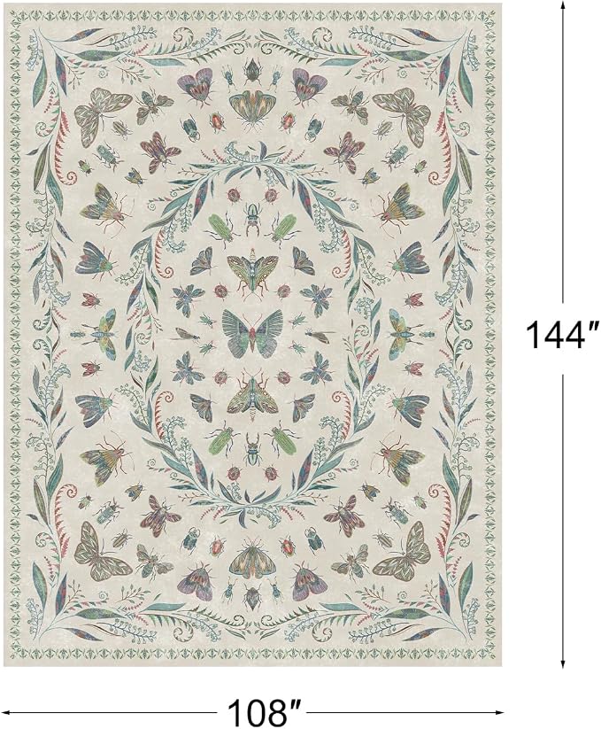 Lunasun Large Sage Green Rug for Living Room - Area Rugs 9x12 Dining Room Table, Large Bedroom Under Bed, Unique Insect Bug Home Décor, Foldable Soft Stain Resistant