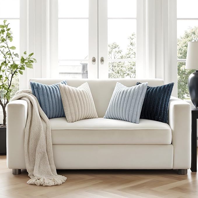 MIULEE Faux Fur Plush Decorative Throw Pillow Covers 18x18 Set of 4, Summer Modern Soft Fuzzy Coastal Striped Cushion Covers for Sofa Couch Bed Living Room Cozy Home Decor,Navy Blue