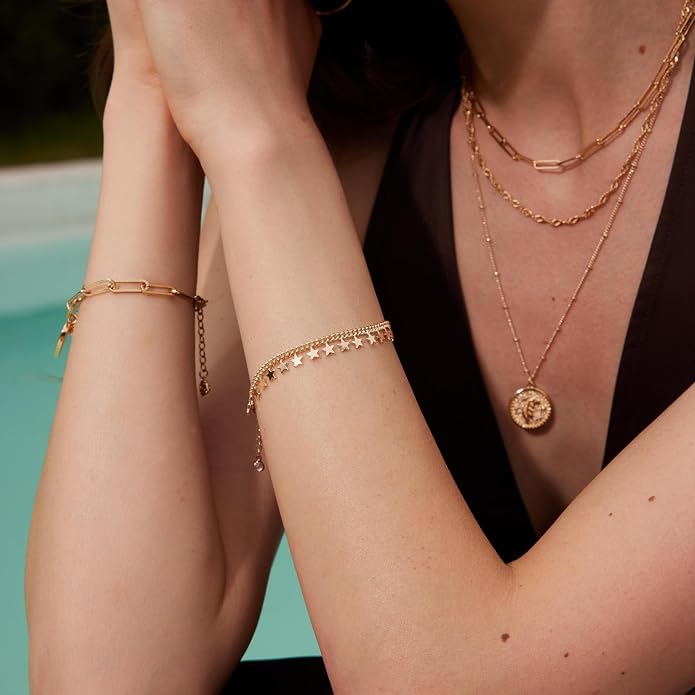 Dremmy Studios Gold Bracelet for Women 18K Gold Plated Dainty Paperclip Cubic Zirconia Disc Coin Star Cable Satellite Bead Pearl Simple Boho Minimalist Stacking Layered Link Jewelry Gift
