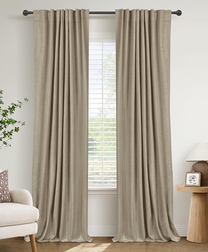 100% Blackout Shield Linen Blackout Curtains for Bedroom 90 Inches Long, Back Tab/Rod Pocket Living Room Drapes, Thermal Insulated Blackout Curtains 2 Panels Set, 50" W x 90" L, Plaza Taupe