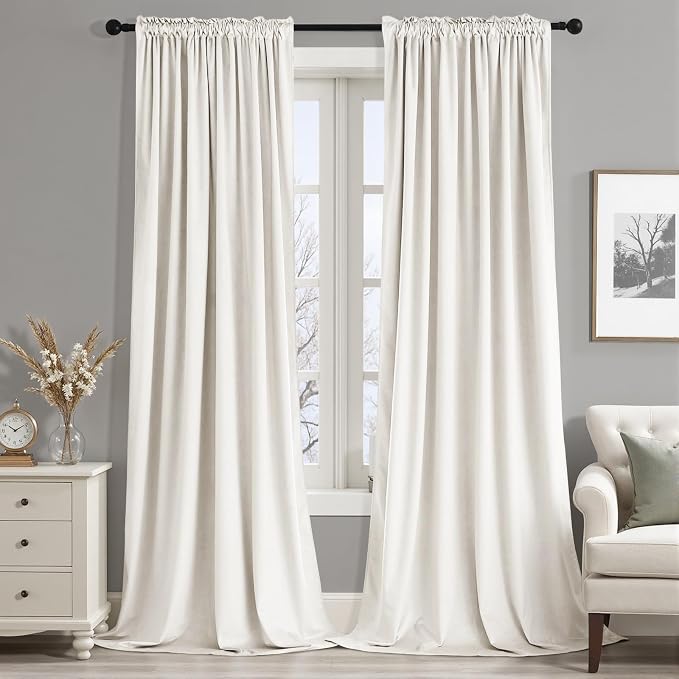 MIULEE Ivory Blackout Velvet Curtains Drapes 96 Inch Long 52"x96" Bedroom | Luxurious Bedroom Living Room Decor, Room Darkening, Thermal Insulated, Rod Pocket Design, Super Soft Fabric