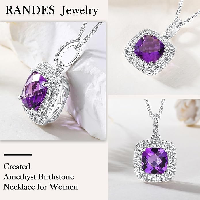 Birthstone Necklace for Women 925 Sterling Silver Cushion/Pear Cut Created Gemstone Halo Pendant Necklace Birthstone Jewelry