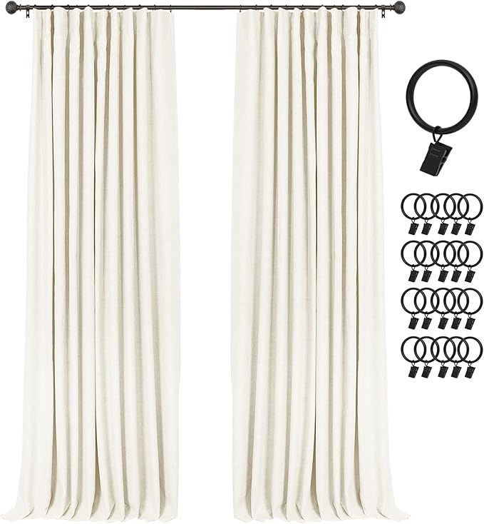INOVADAY 100% Blackout Curtains for Bedroom, Light Cream Black Out Curtains 96 Inch Long, Clip Rings Linen Blackout Drapes, Thermal Insulated Room Darkening for Living Room, 2 Panels - W50xL96