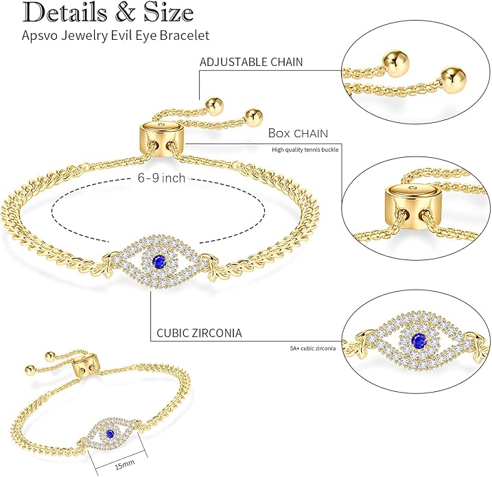 Apsvo Evil Eye Bracelet, Sideway Cross Bracelet, Silver 14K Gold Plated Bracelet for Women Adjustable Slide Chain Jewelry