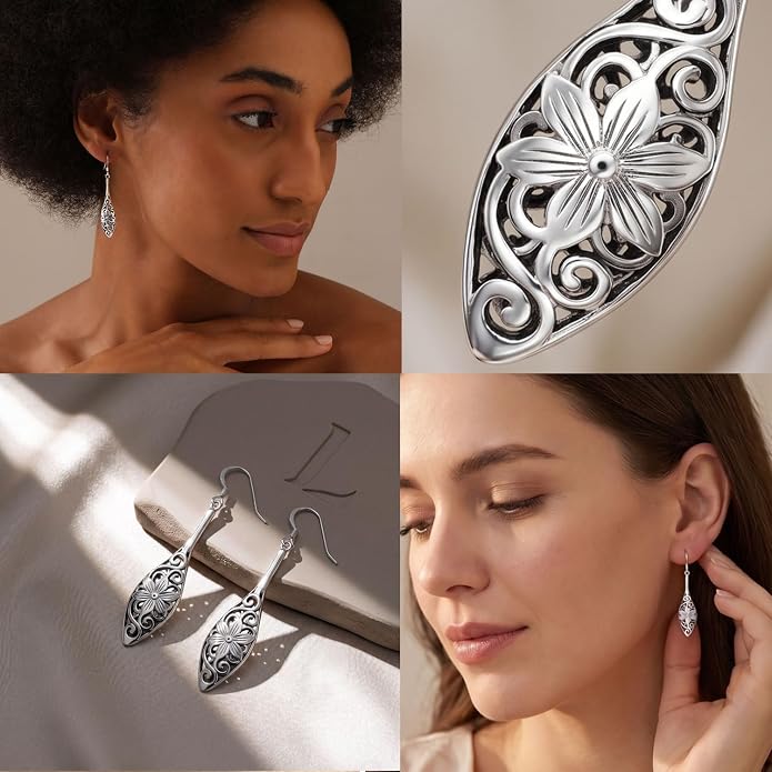 LeCalla 925 Sterling Silver Filigree Dangle Drop Earrings | Lightweight Antique Balinese Teardrop Dangle Drop Earring for Women