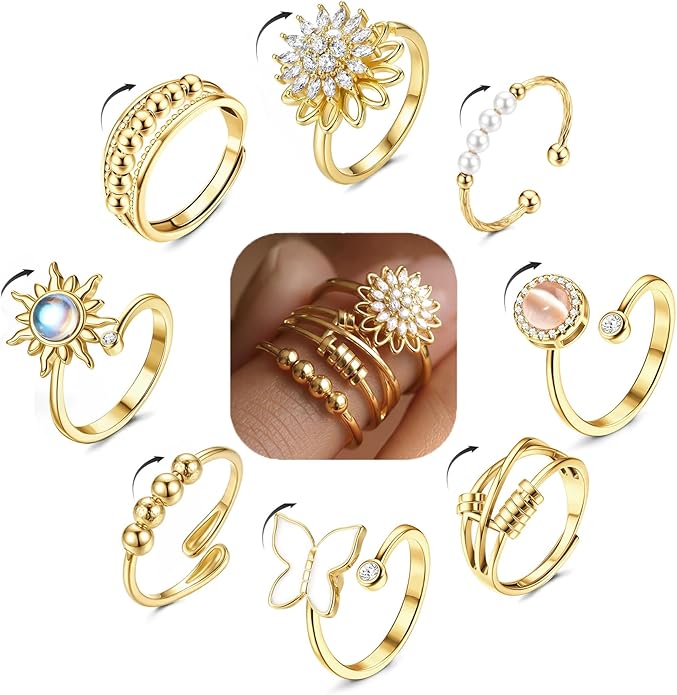 FIBO STEEL Fidget Anxiety Rings for Women - 8Pcs 14K Gold Plated Spinner Adjustable Rings Stress Relief Open Ring Stacks CZ Sun flower Butterfly Bead Evil Eye Non Tarnish Ring Set