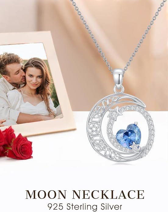 Dorunmo Heart Birthstone Necklace for Women 925 Sterling Silver Moon and Star Pendant Birthday Jewelry Gifts for Wife Her Daughter Mom