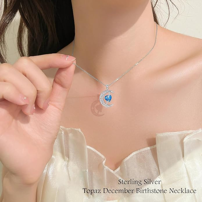 TOUPOP Moon and Star Birthstone Necklace for Women 925 Sterling Silver Celtic Moon Jewelry Birthday Mothers Day Gifts for Mom Wife Her