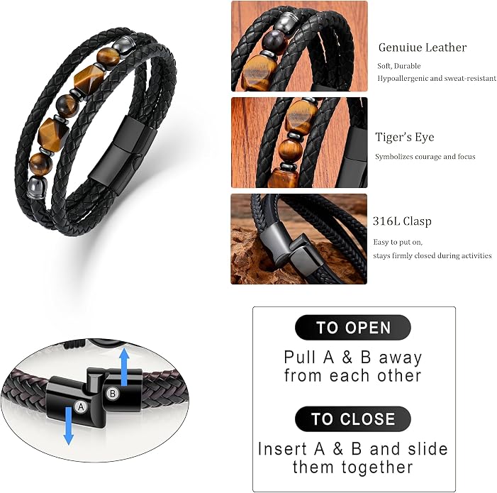 Mens Turquoise/Lapis Lazuli/Tiger Eye/Black Agate/Obsidian Leather Braided Bracelets for Father's Day/Birthdays/Graduation Jewelry Wristband Cuff Bracelet with Stainless Steel Clasp