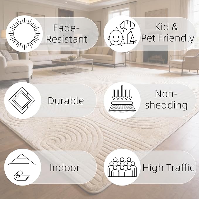 Brown 8x10 Solid Color Area Rugs – Washable Living Room Rug, Modern Geometric Non-Slip Indoor Carpet with Soft High-Low Pile, Fluffy Floor Rugs for Bedroom, Kids Room, Nursery, Home Décor