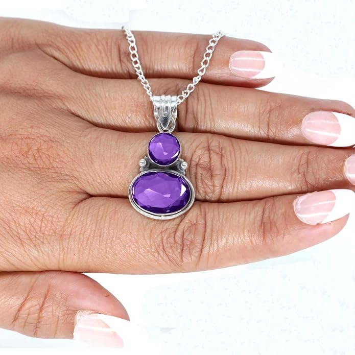 Handmade Genuine 925 Sterling Silver Pendant Necklace Natural Gemstone Crystal, Lapis, Onyx, Amber Oval Round Boho Jewelry For Women