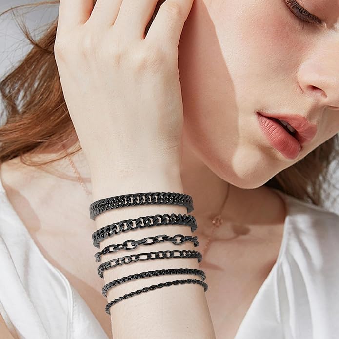 XIANNVXI 6pcs Bracelets for Men Gifts for Him Stainless Steel Bracelet Silver/Gold/Black Cuban Link Rope Paperclip Chain Bracelets Set 6.5/7/7.5/8.3/9 Inches Metal Bracelet Mens Fashion Accessories Jewelry Gifts Set