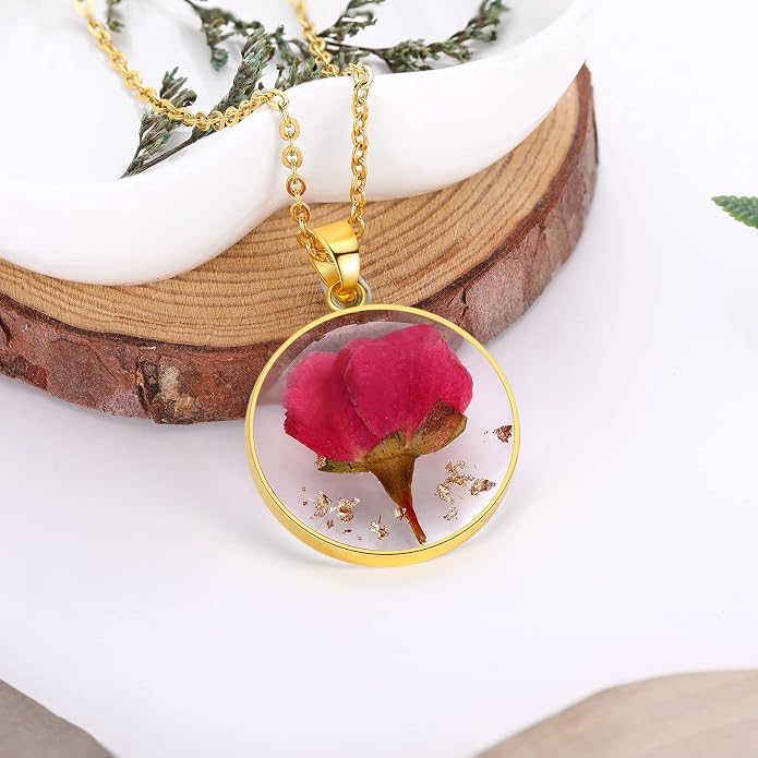 AUNTESIGN Forget-Me-Not and Queen Anne's Lace Pressed Wildflower Necklace | Birth Month Flowers Necklace | Gold/Silver Pressed Flower Jewelry | Mother's Day | Gift For Her