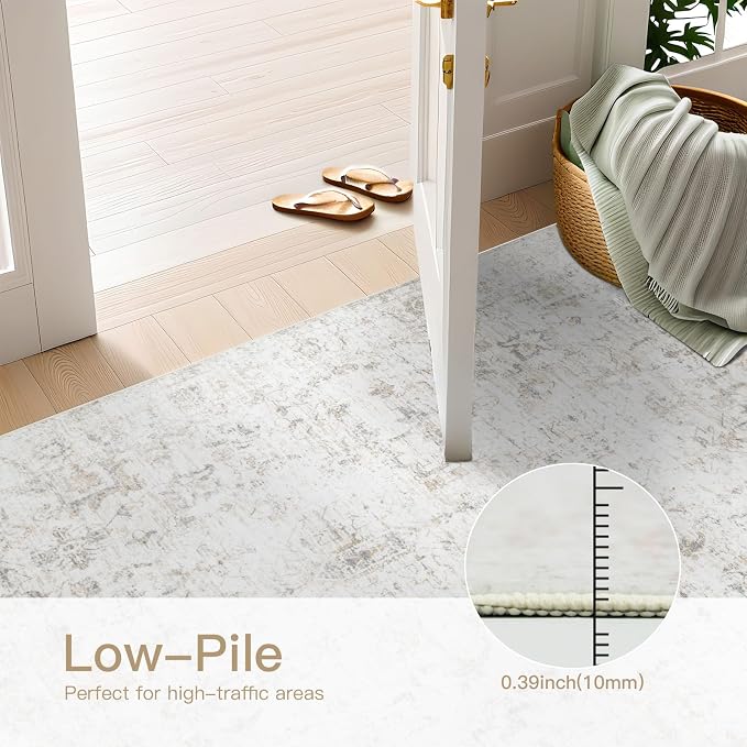 Washable 5×7 Area Rug for Living Room, Vintage Floral Rug Soft Non Slip Stain Resistant Boho Carpet for Bedroom Dinning Room Home Office Beige New
