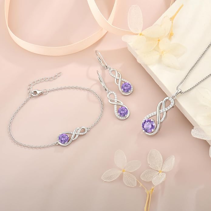 Gemstone Infinity Pendant Necklaces for Women, S925 Sterling Silver Round cut Zircon Necklace Birthstone Jewelry Gift for Her