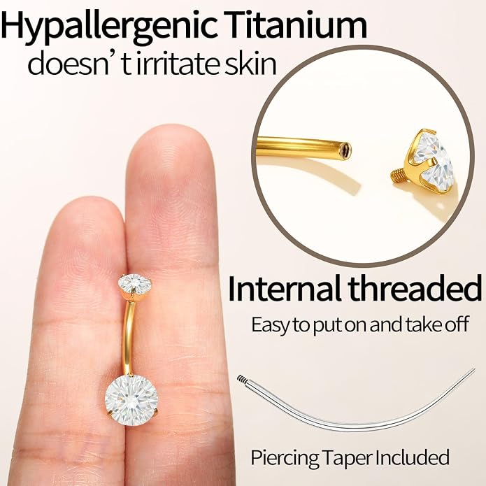 Sparkling Moissanite Belly Button Ring, 14G G23 Surgical Grade Titanium with 14K Gold Plated | Internally Threaded & Hypoallergenic for Sensitive Skin | Unisex Body Jewelry