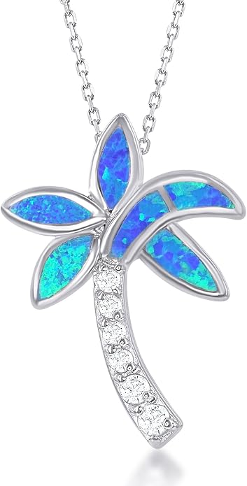 Created Blue Opal Ocean Necklace for Women, 925 Sterling Silver Pendant, 18 Inch Chain, Beach and Sea Life Jewelry Collection