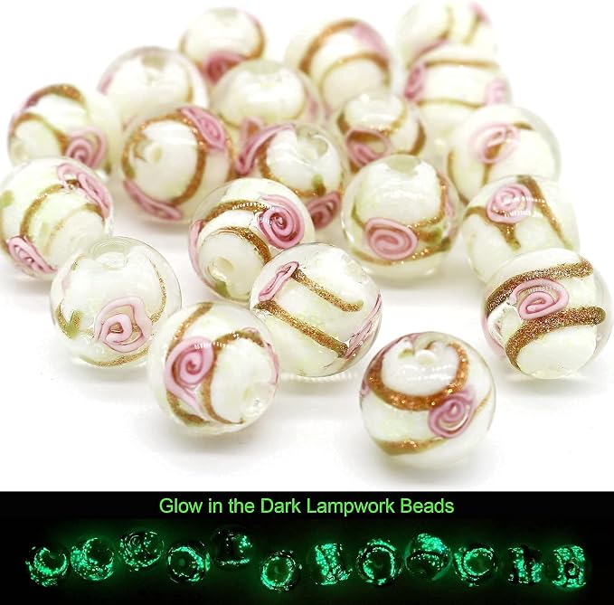 Artsy Crafts 20 Pcs Assorted Glow in The Dark Firefly Beads 12mm European Lampwork Luminous Glass Beads for Jewelry Making Charm Bracelet Necklace Earrings Crafts (White Rose 20pcs)