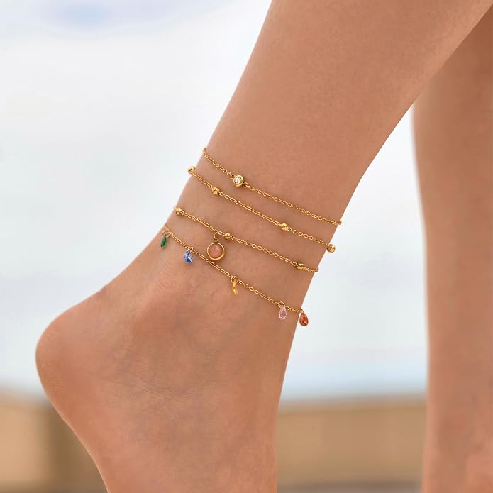 LOFITOR Ankle Bracelets for Women Glitter Waterproof Adjustable Anklet Set for Women 18K Gold Plated Silver Charm Dainty Layered Anklets, Summer Beach Anklet Jewelry for Women
