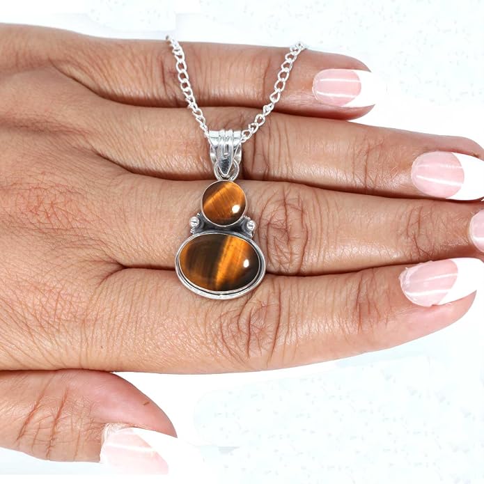 Handmade Genuine 925 Sterling Silver Pendant Necklace Natural Gemstone Crystal, Lapis, Onyx, Amber Oval Round Boho Jewelry For Women