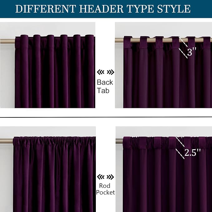 PRIMROSE Purple Velvet Curtains 63 inch Long for Living Room,Set of 2 Panels Blackout Rod Pocket Back Tab Window Treatment Room Darkening Heavy Decorative Curtains Drapes for Bedroom
