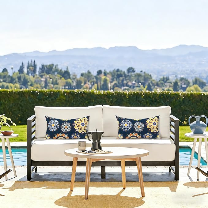 LVTLVTXIII 12×20 Inch Outdoor Lumbar Pillows, Pack of 2 Water Repellent Lumbar Pillow with Inserts, Fluffy Decorative Garden Lumbar Cushions for Home Patio Coach Sofa Use, Bloom Medallion‌ Cobalt