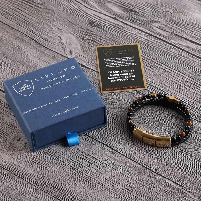 LONDON Mens Bracelet Leather Black Multi-Layer Stone Beads Adjustable Steel Clasp Viking Rope Bands Surfer Man Wristband Male UK Jewellery Gift box Boyfriend Dad Son Brother Tiger Eye