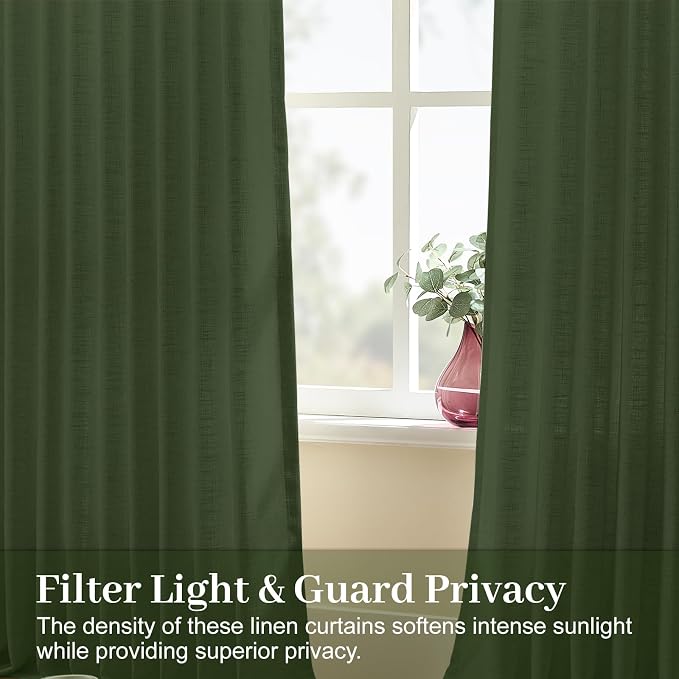 IVAPUPU 96 Inch Linen Curtains for Living Room, Pinch Pleated Semi Sheer Curtain Light Filtering Modern Memory Trained Back Tab Drapes with Hook for Bedroom Farmhouse, Olive Green, W40xL96, 2 Panel