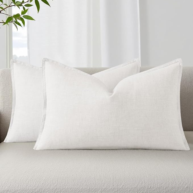 decorUhome Fall Cream White Linen Throw Pillow Covers 12x20 Set of 2 | Decorative Soft Cozy Modern Farmhouse Boho Accent Pillow Cases with Flange Edges for Couch Bed Sofa Living Room Home Decor