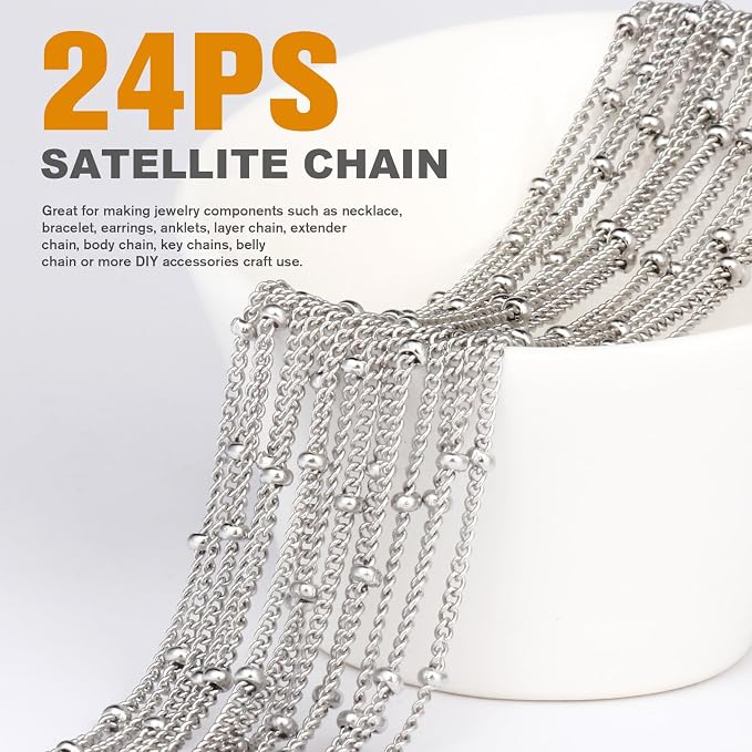 Cadikez 24PCS Stainless Steel Satellite Chain Necklace Bulk, 2mm 18inch Stainless Steel Finished Beaded Curb Link Chains for Necklace Jewelry Making
