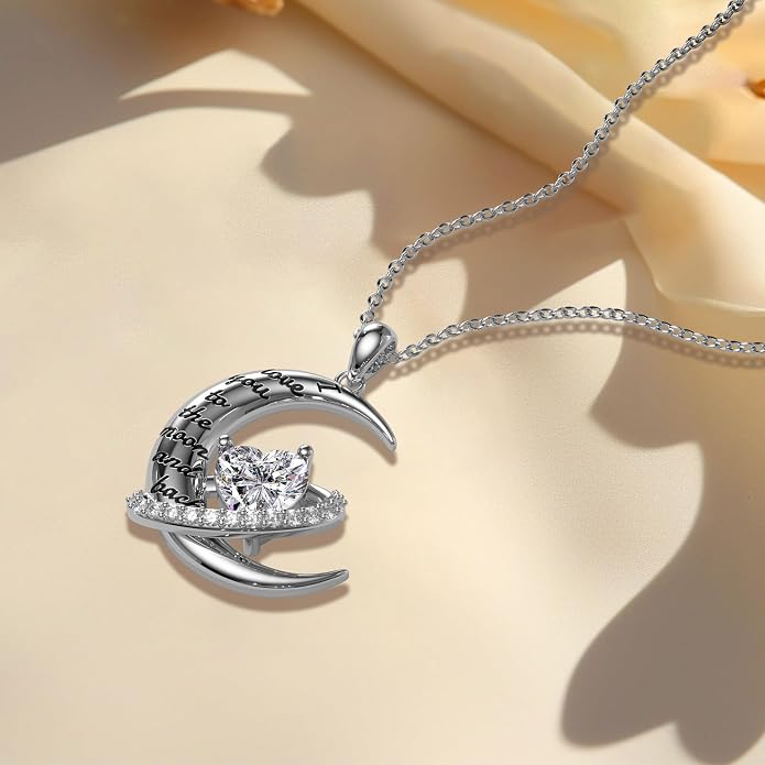 Distance I Love You to The Moon and Back Necklace for Women, S925 Sterling Silver Forever Love Heart Birthstone Necklace, Anniversary Birthday Jewelry for Wife Lover