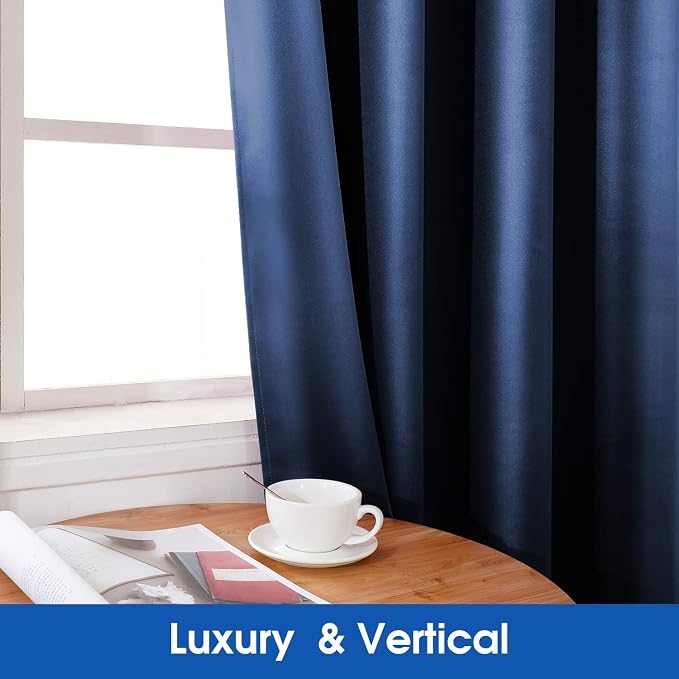 HOMEIDEAS 2 Panels Navy Blue Faux Silk Blackout Luxury Curtains, 52 X 108 Inch Room Darkening Satin Thermal Insulated Window Drapes for Bedroom Decor, Indoor, Living Room