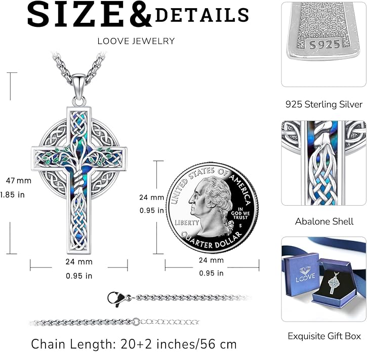 Celtic Cross Tree of Life Necklace for Women Sterling Silver Thor Hammer Tree of Life Pendant Irish Knot Cross Amulet Tree of Life Jewelry