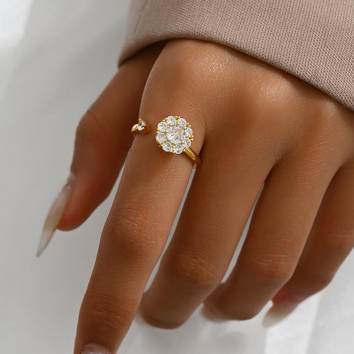 NONAMOIS Gold Rings for Women Evil Eye Flower Open Anti Anxiety Spinner Ring Adjustable Fidget Rings Jewelry Christmas Gifts