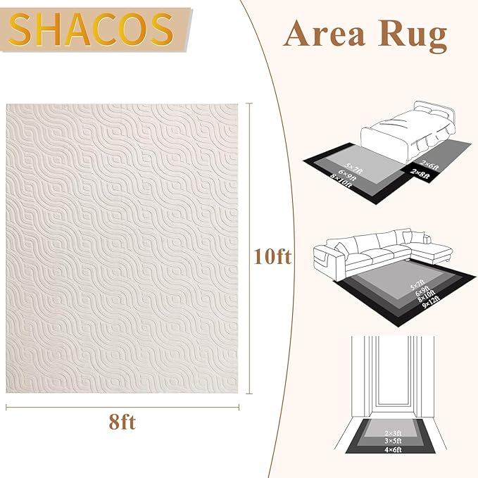 SHACOS 8x10 Large Area Rugs for Living Room Beige Solid Color Soft Fluffy Rug for Bedroom Non Slip Washable Indoor Mat Floor Carpet for Kids Room Nursery Office, High-Low Pile Boho Modern Rug