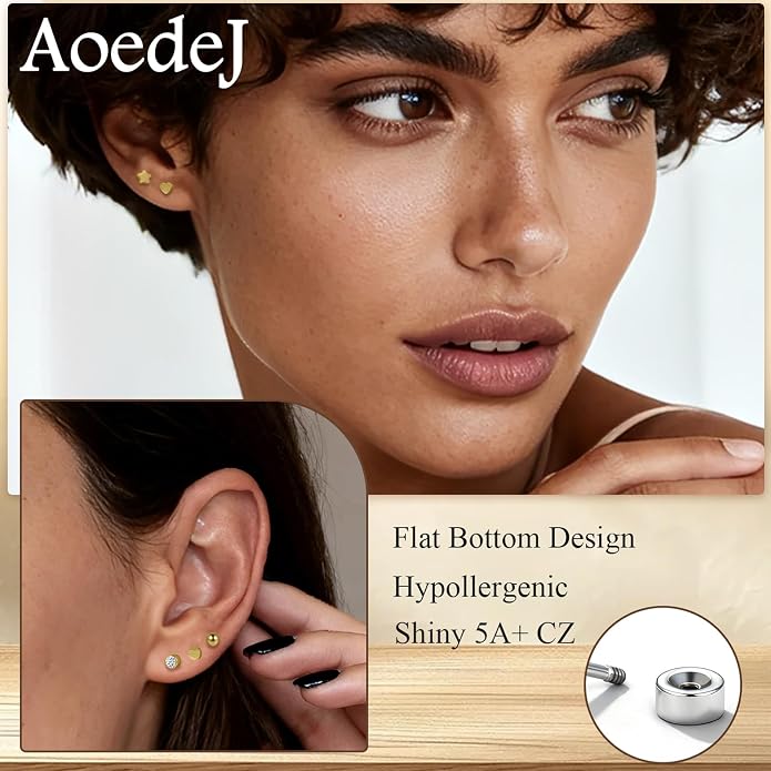 Aoedej 6Pairs G23 Titanium Flat Back Stud Earrings Hypoallergenic CZ Heart Stars Ball Cartilage Earring Studs for Women Men Helix Tragus Conch Helix Piercing Jewelry Gift