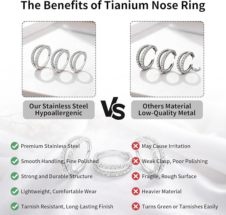 20/16G CZ Hinged Nose Rings Hoop, 316L Surgical Stainless Steel Cartilage Earring, Septum Clicker Ring, Daith Helix Rook Tragus Conch Lip Lobe Piercing Jewelry