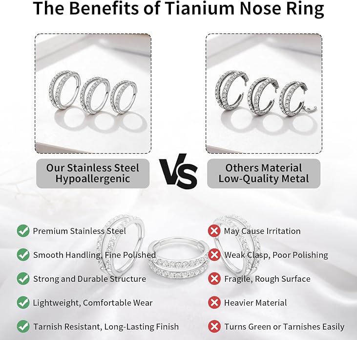 20/16G CZ Hinged Nose Rings Hoop, 316L Surgical Stainless Steel Cartilage Earring, Septum Clicker Ring, Daith Helix Rook Tragus Conch Lip Lobe Piercing Jewelry