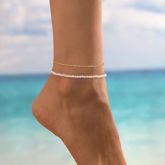 DREMMY STUDIOS Gold Anklet Bracelets for Women 14K Gold Plated Stone Handmade Beaded Link Chain Anklets Jewelry Gift