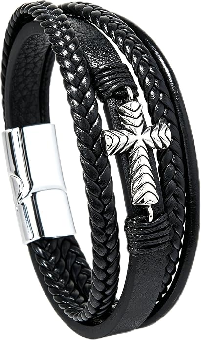 Men's Cross Leather Bracelet Vintage Christian Religious Faith Cuff Bangle Multi-Layer Braided Genuine Leather Wrap Wristband with Stainless Steel Clasp Jewelry for Women Him or Her